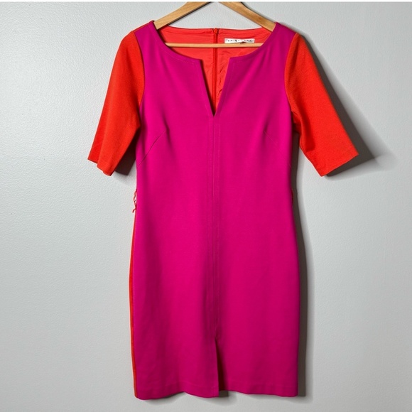 Trina Turk Shift Dress Classic Styling Orange Pink Colorblock 3/4 Sleeve Belted - Picture 2 of 15